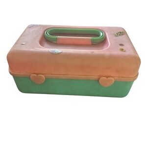 Vintage 1991 Imperial Pink Teal Plastic Makeup Box Heart Latches Mirror Retro